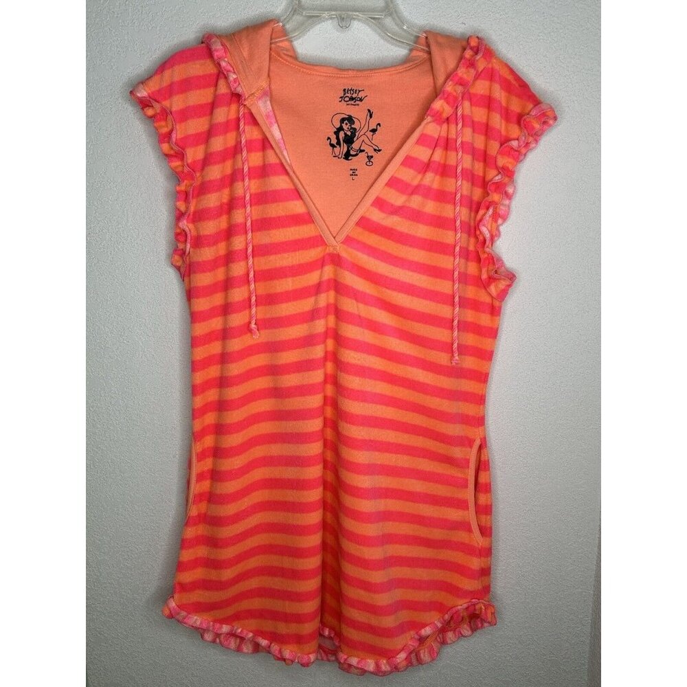 Betsy Johnson Hoodie Top Womens Large Terrycloth Coverup Tunic Pink Orange Beach